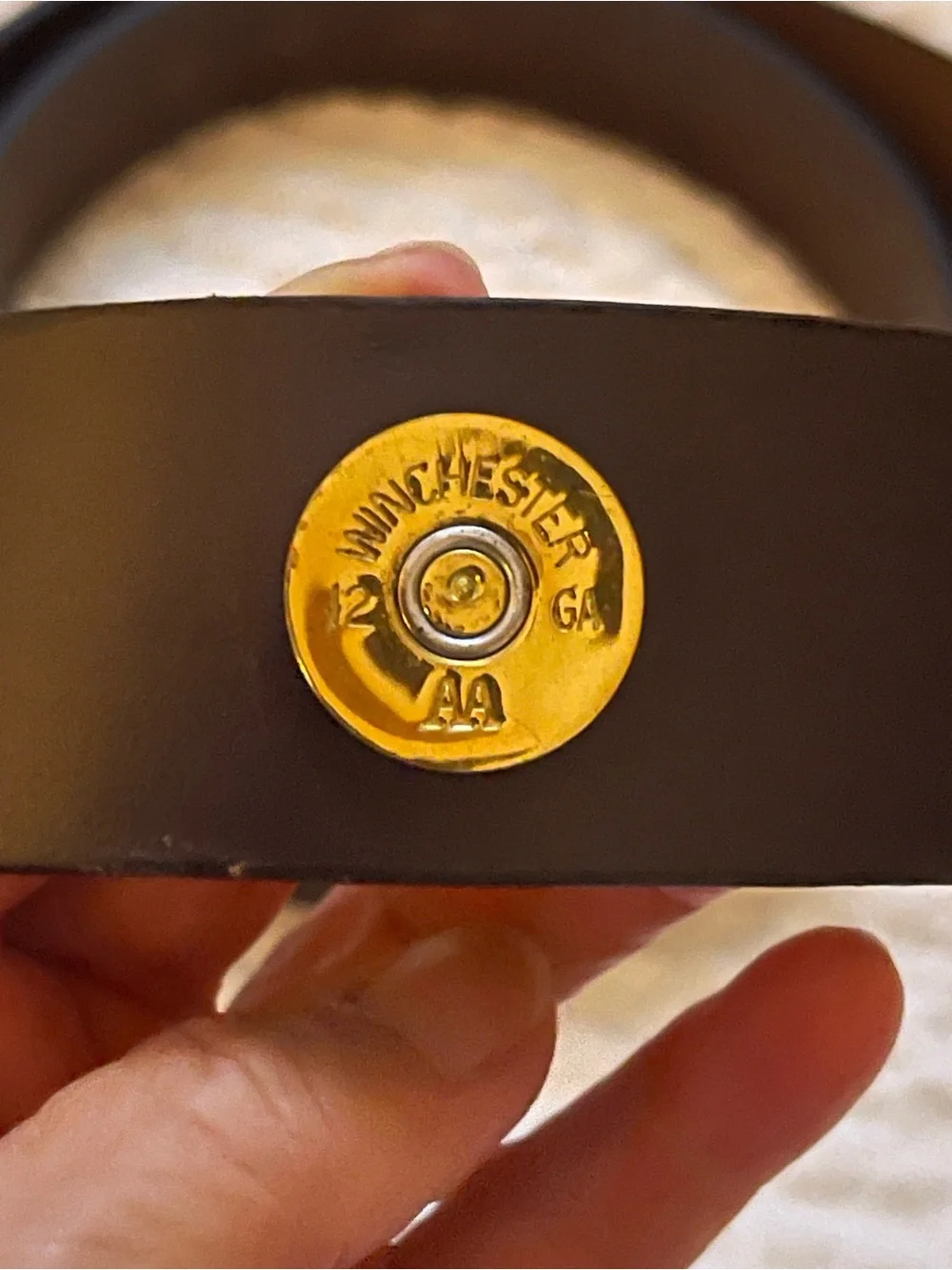 Winchester 12 gauge shotgun shell Men's Brown Leather Belt with Brass Buckle